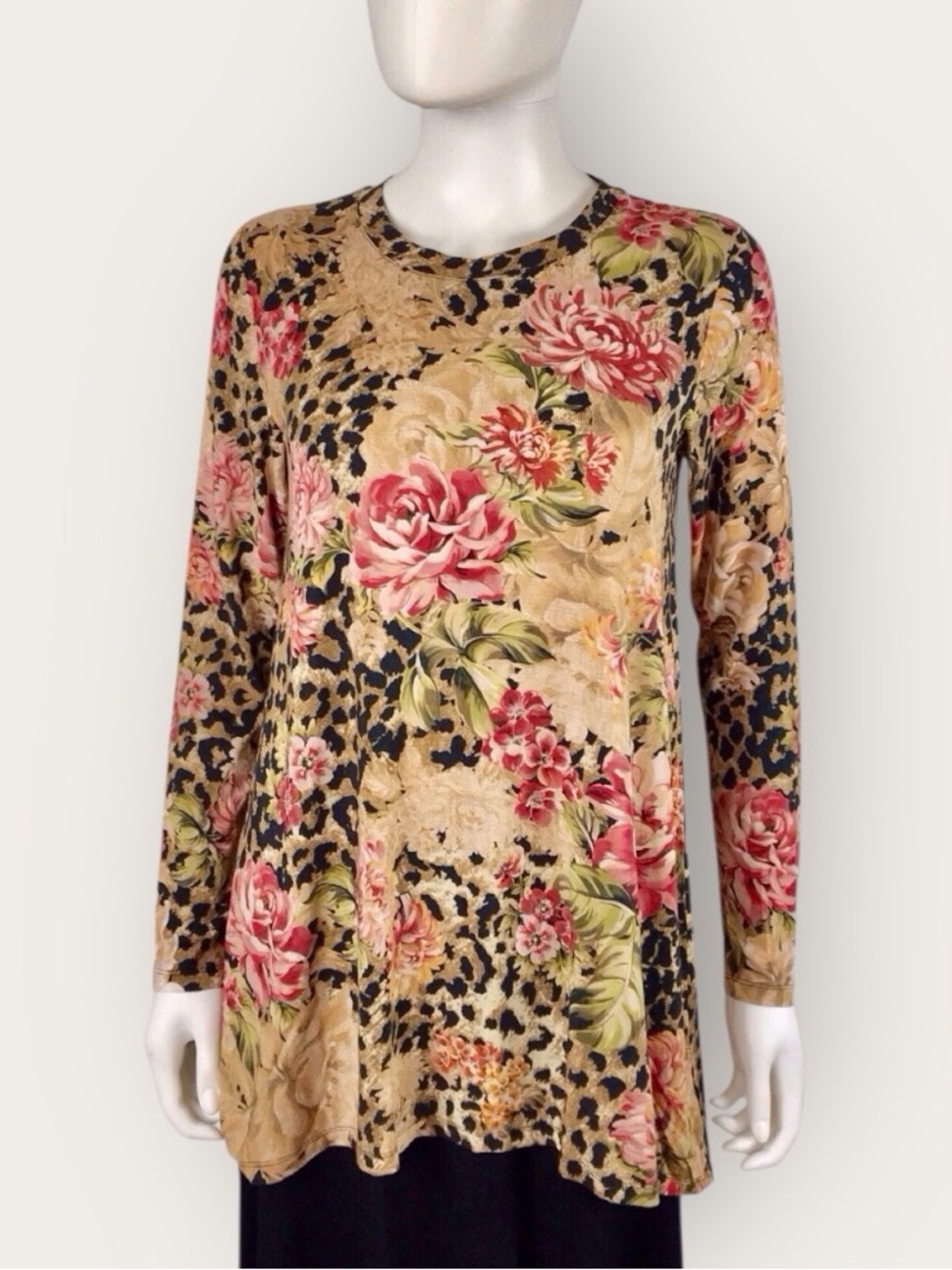 Johnny Wax Vintage Rose Swing Top Pink Beige Floral Animal Leopard Print Tunic